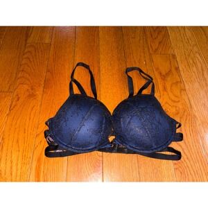Victoria's Secret Navy Blue Black Lace Strappy Cage Back Front Close Push Up Bra